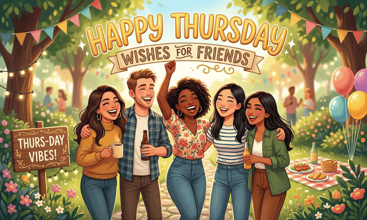 Happy Thursday Wishes for Friends graphic featuring a cheerful group celebrating in a park.