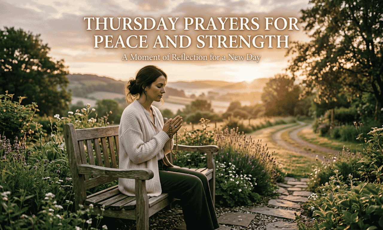 Thursday Prayers for Peace and Strength overlay on a woman praying outdoors in a garden setting at sunrise.
