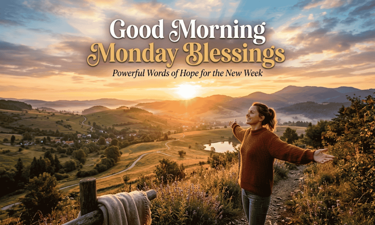 A woman standing on a scenic hillside trail holding a mug with open arms toward the sunrise, with text overlay reading Monday and New Week Blessings.