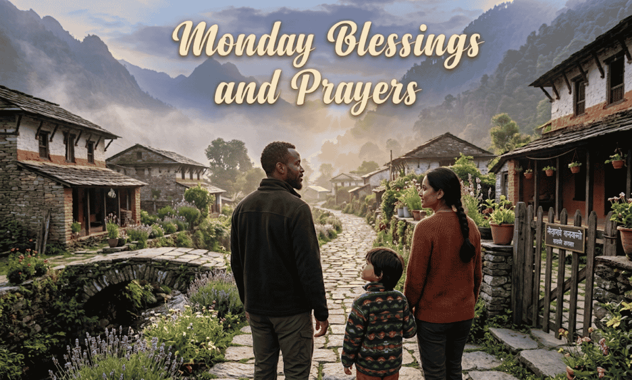 A family standing on a cobblestone path in a serene mountain village, looking toward the horizon, with text overlay reading Monday Blessings and Prayers.