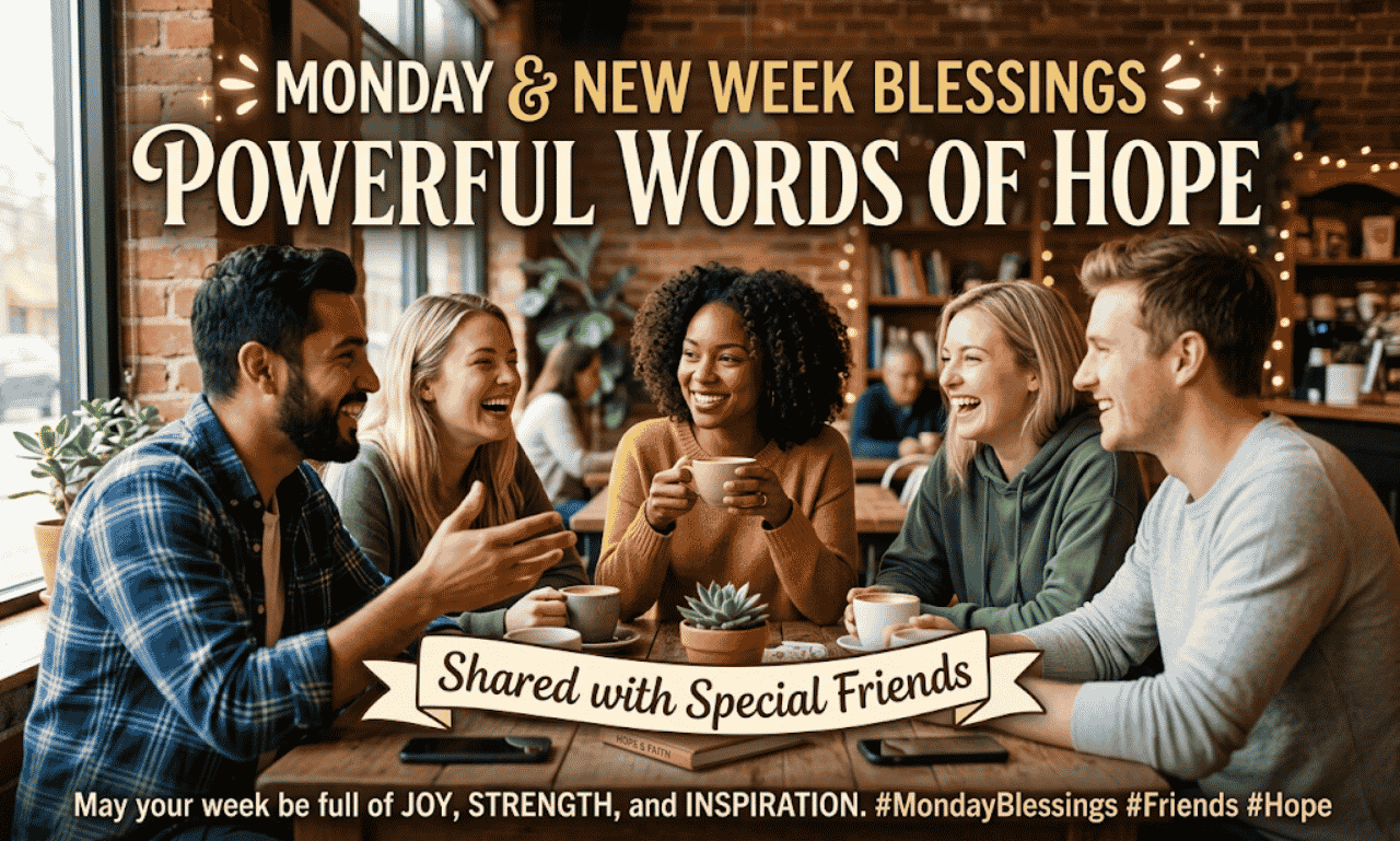 A group of diverse friends sitting together at a wooden table in a cafe, smiling and enjoying coffee, with text overlay reading Monday and New Week Blessings Powerful Words of Hope.