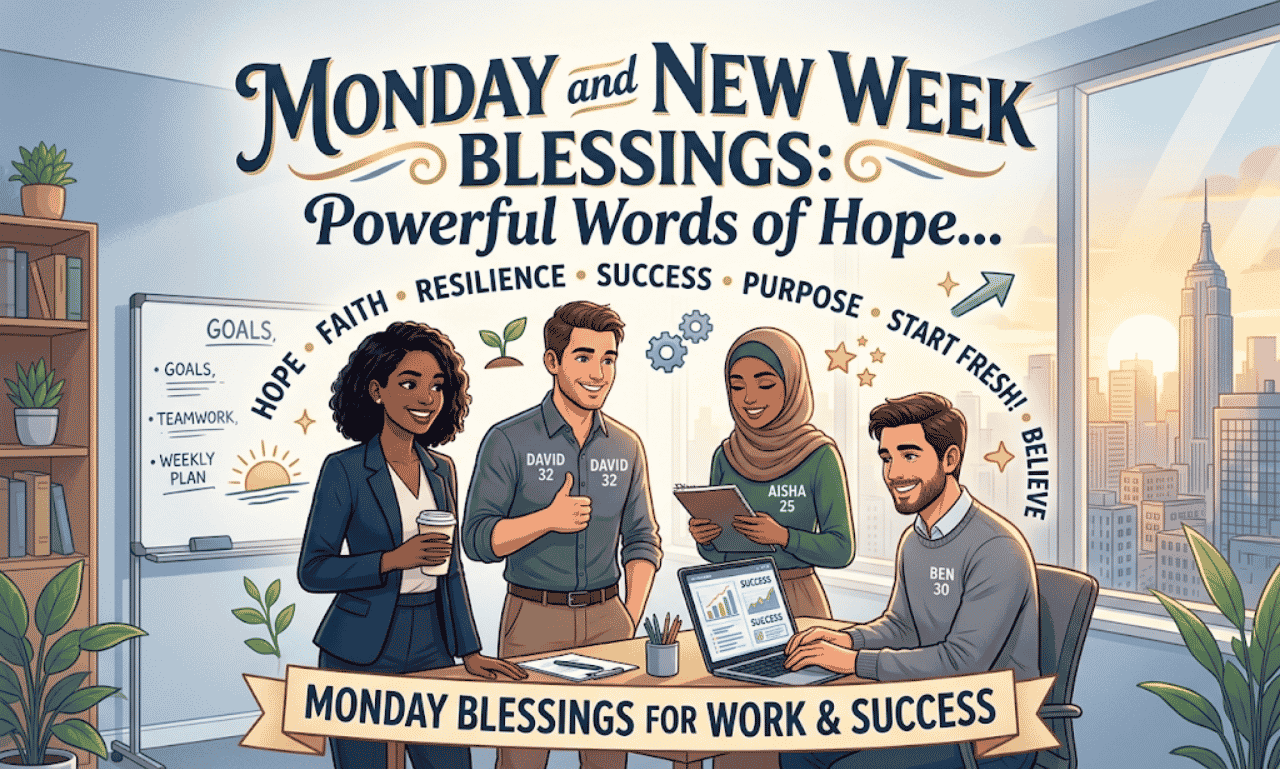 Diverse professionals collaborating around a desk in a modern office with text overlay reading Monday Blessings for Work and Success.