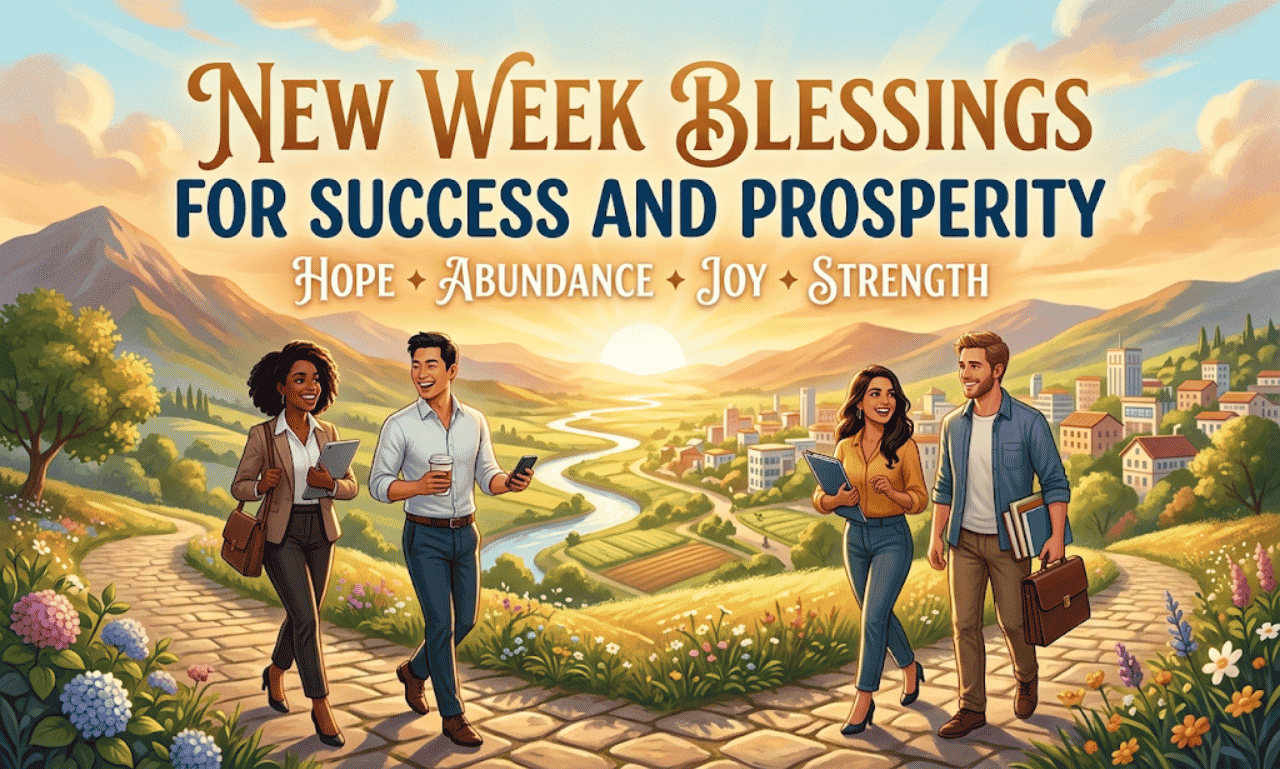 Four professionals walking along a scenic stone path overlooking a sunlit valley with text overlay reading New Week Blessings for Success and Prosperity.
