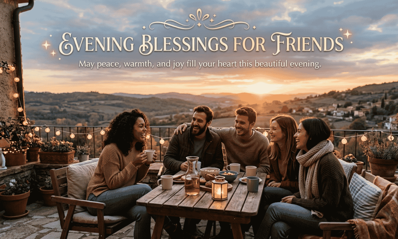 Friends enjoying hot drinks together on a balcony at sunset with Evening Blessings For Friends graphic overlay.