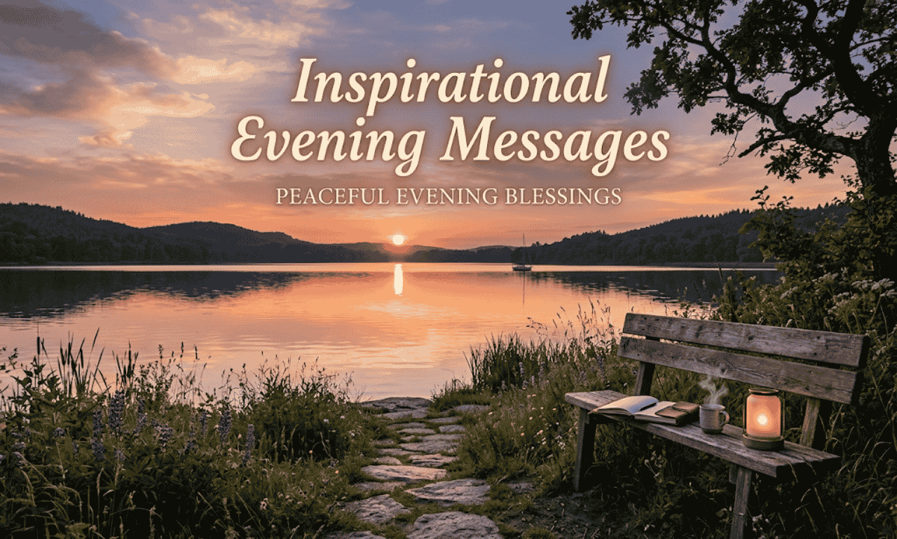 A wooden bench beside a lake at sunset with a steaming mug, open book, and glowing lantern, with text reading Inspirational Evening Messages.