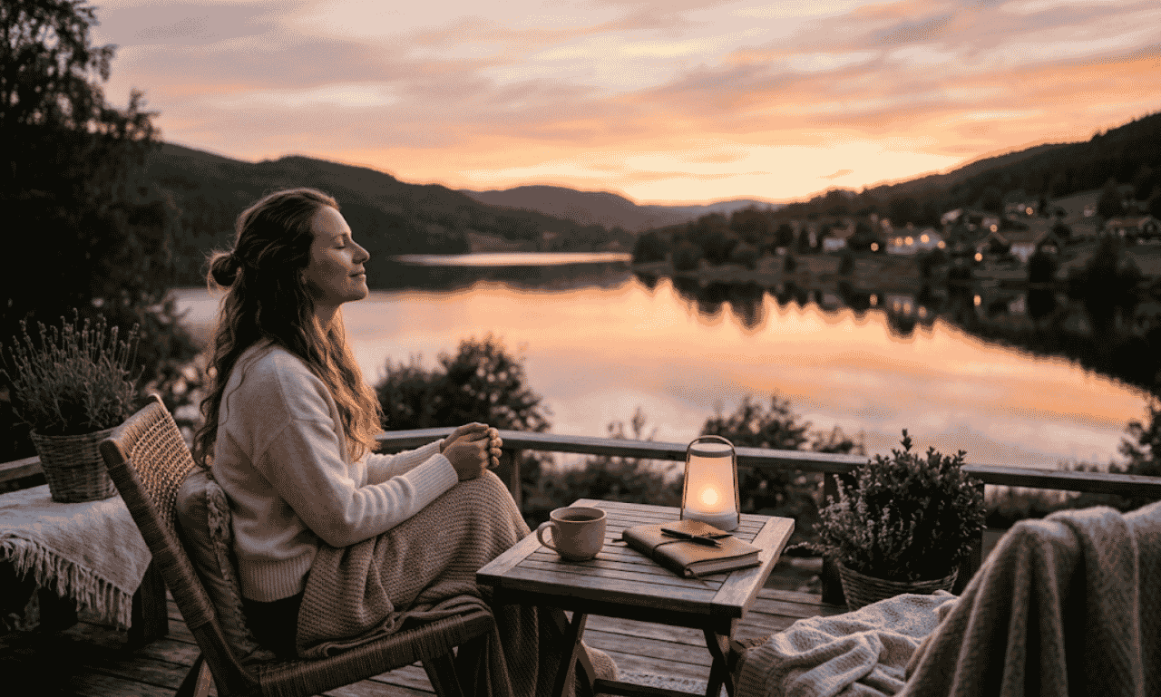 Woman relaxing on a balcony during sunset representing peaceful evening blessings and calming moments.