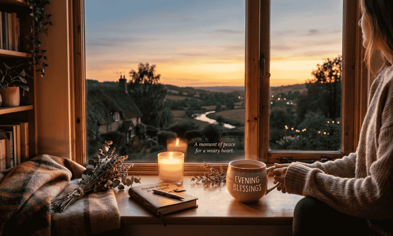 A cozy window sill setup featuring candles, a journal, and a warm mug with Evening Blessings written on it overlooking a scenic valley sunset.