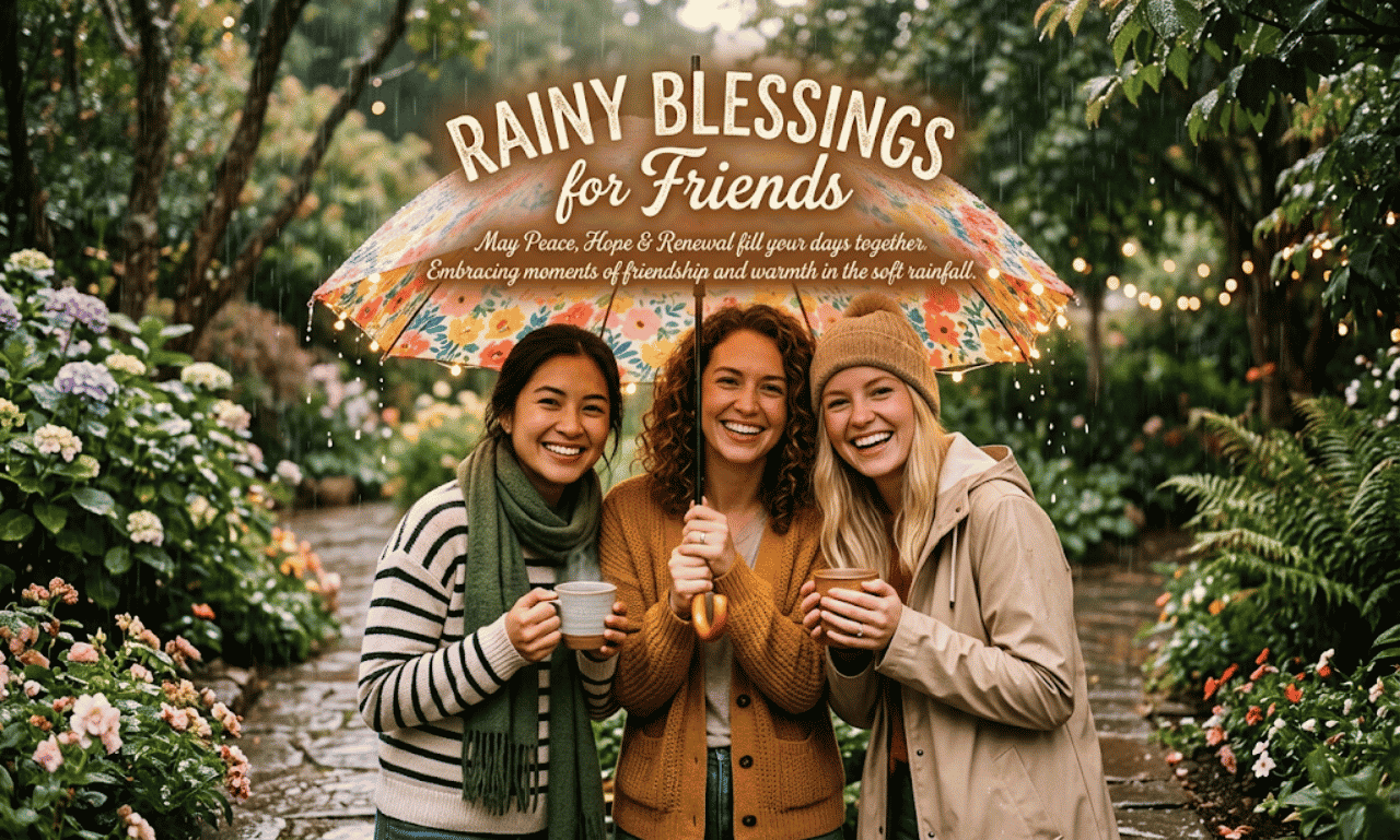 Three smiling friends holding warm drinks together under a floral umbrella in a garden, with text overlay reading Rainy Blessings for Friends