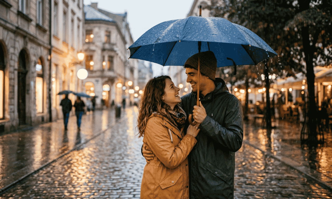 A smiling couple sharing a blue umbrella while walking down a wet, cobblestone city street lined with warm building lights