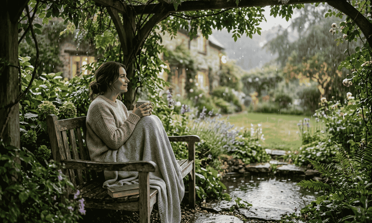 A woman wrapped in a blanket sitting on a wooden garden bench with a warm mug, watching the rain fall over a lush green garden pond