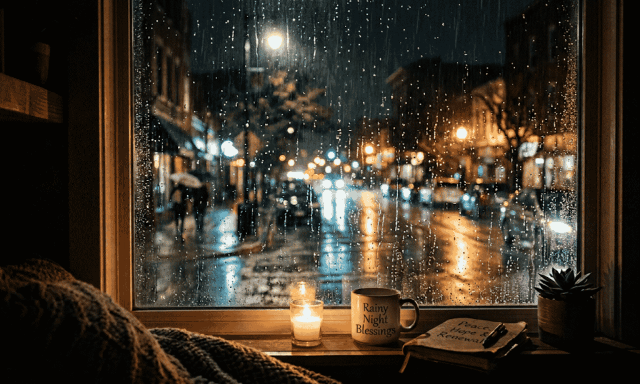 A cozy windowsill with a burning candle, warm mug, and journal overlooking a rain-streaked window view of a city street at night
