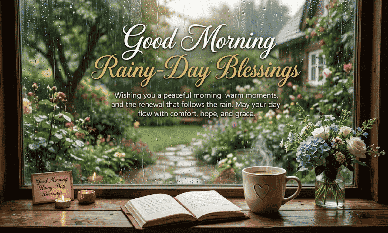 An open book, steaming mug, and vase of flowers sitting on a wooden sill with text overlay reading Good Morning Rainy-Day Blessings