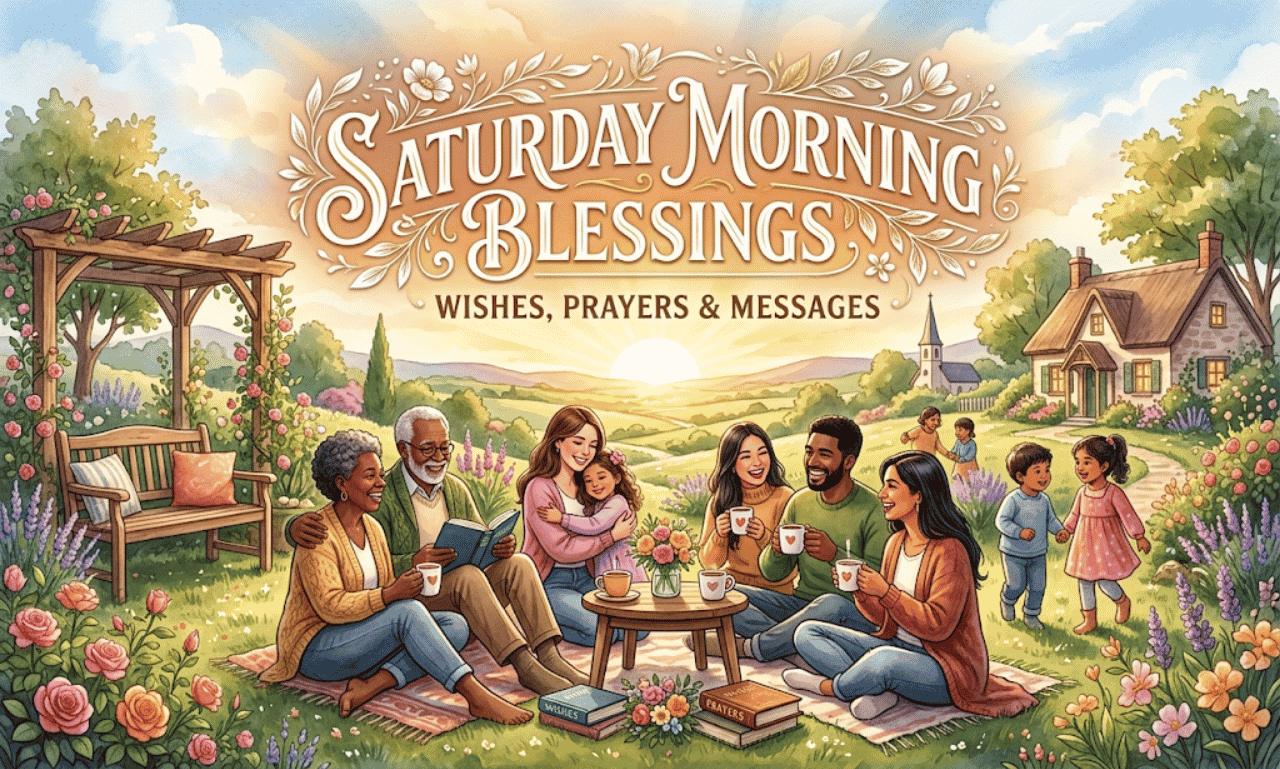 An extended family enjoying a morning picnic outdoors with text overlay reading Saturday Morning Blessings Wishes, Prayers & Messages