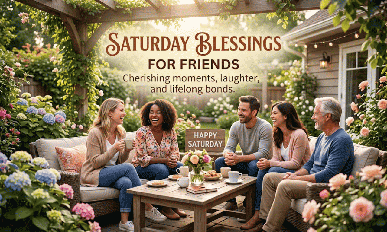 A group of friends gathering and chatting around a patio coffee table with text overlay reading Saturday Blessings for Friends