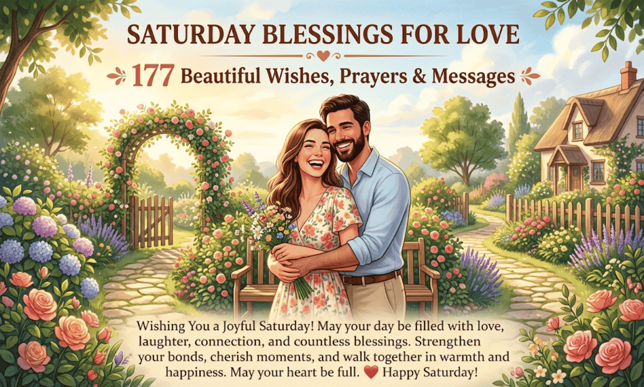 A smiling couple embracing in a lush flower garden with text overlay reading Saturday Blessings for Love