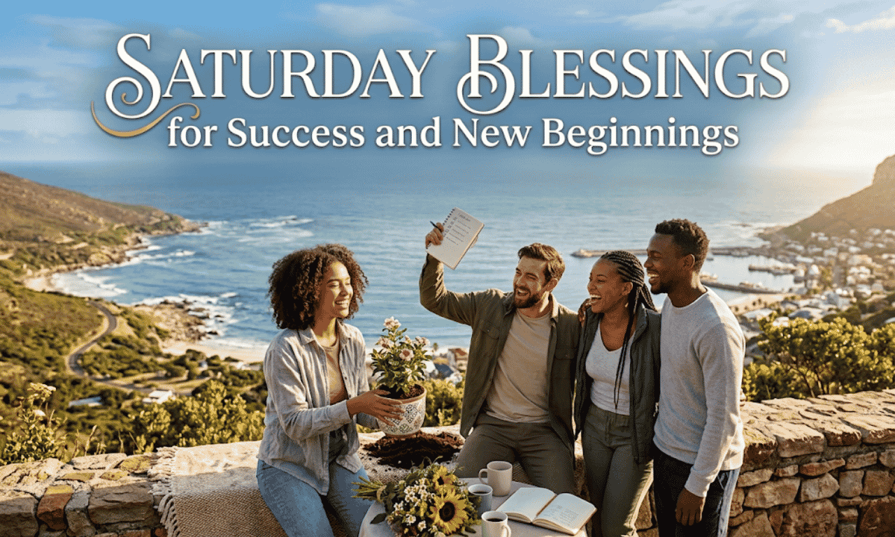 Four friends celebrating outdoors on a scenic stone overlook with text overlay reading Saturday Blessings for Success and New Beginnings