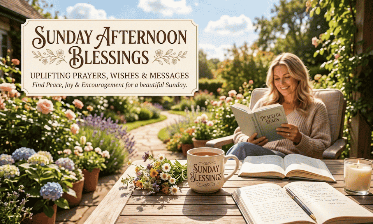 A woman reading a book in a garden chair near a table set with a mug and journals with text overlay reading Sunday Afternoon Blessings Uplifting Prayers, Wishes & Messages