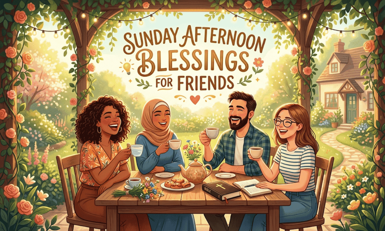 Four friends sharing tea and conversation around an outdoor table under a vine gazebo with text overlay reading Sunday Afternoon Blessings for Friends
