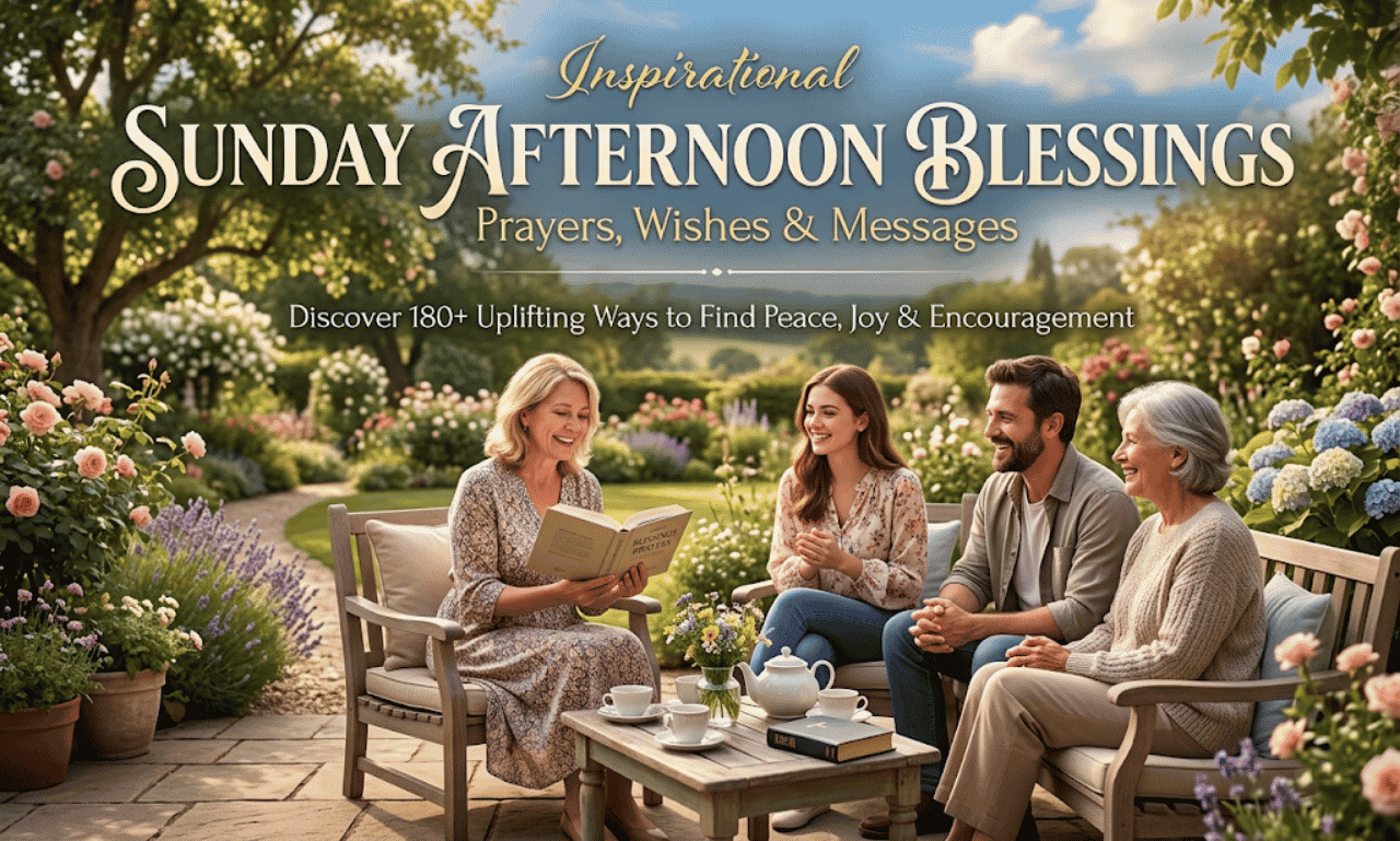 A family listening to a woman read aloud in a sunlit garden setting with text overlay reading Inspirational Sunday Afternoon Blessings