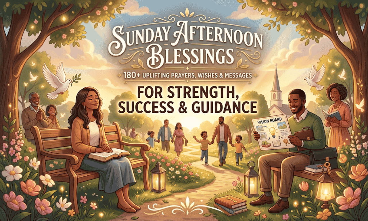 People praying and gathering outdoors in a park near a church with text overlay reading Sunday Afternoon Blessings For Strength, Success & Guidance