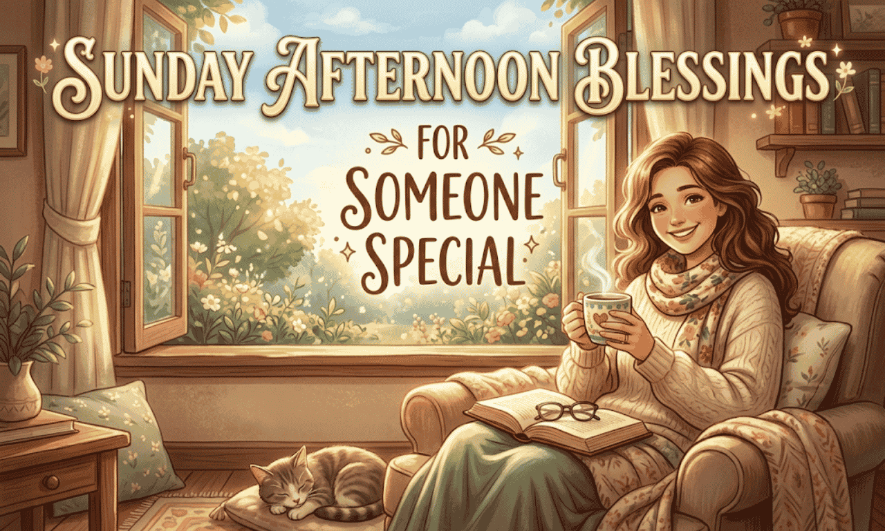 A smiling woman sitting in an armchair with coffee and an open book alongside a sleeping cat with text overlay reading Sunday Afternoon Blessings for Someone Special