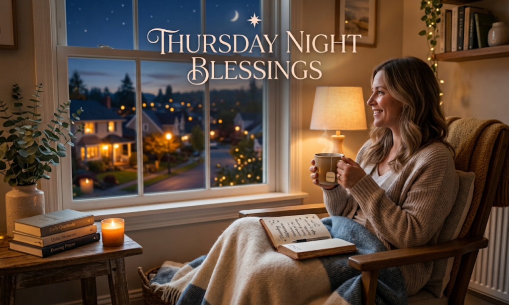 Cozy evening scene of a woman relaxing in an armchair with tea by a window overlooking a starry neighborhood, with text that says Thursday Night Blessings.