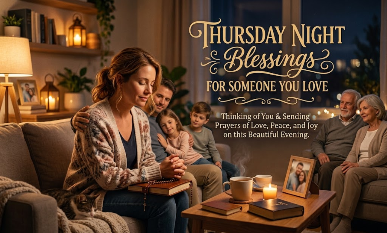 A woman praying with her family in a cozy living room at night, with text reading Thursday Night Blessings For Someone You Love