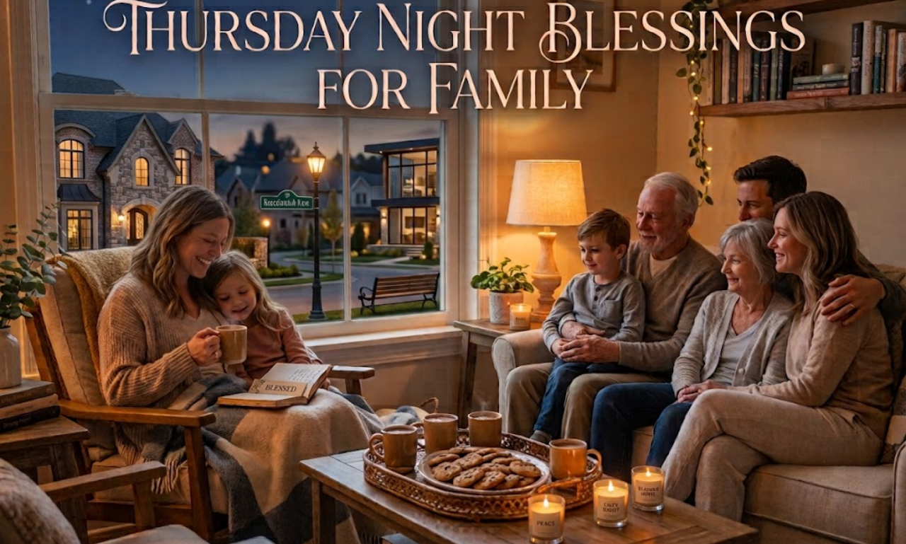 Cozy family sitting together in a warm living room at night with text reading Thursday Night Blessings for Family