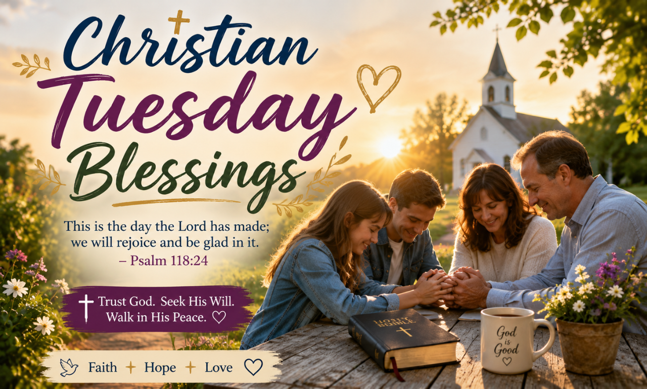 A family holding hands in prayer outside near a church with an open Bible with text overlay reading Christian Tuesday Blessings.