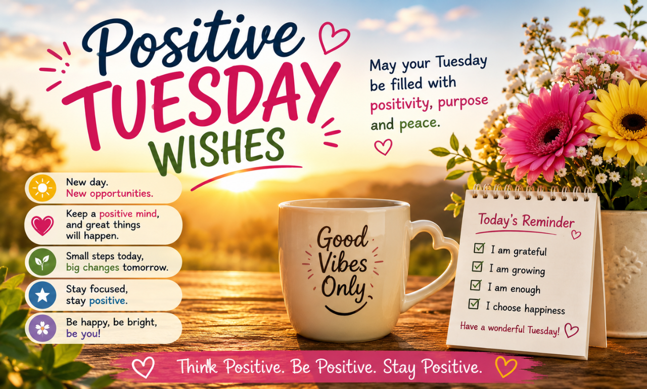 A coffee mug and daily reminder notepad on a wooden table beside colorful flowers with text overlay reading Positive Tuesday Wishes.