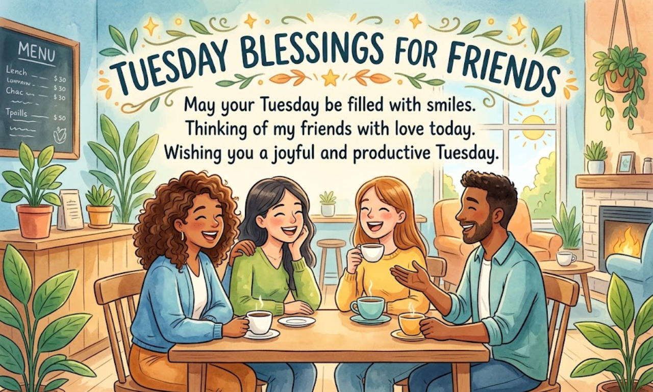A coffee mug and daily reminder notepad on a wooden table beside colorful flowers with text overlay reading Positive Tuesday Wishes.