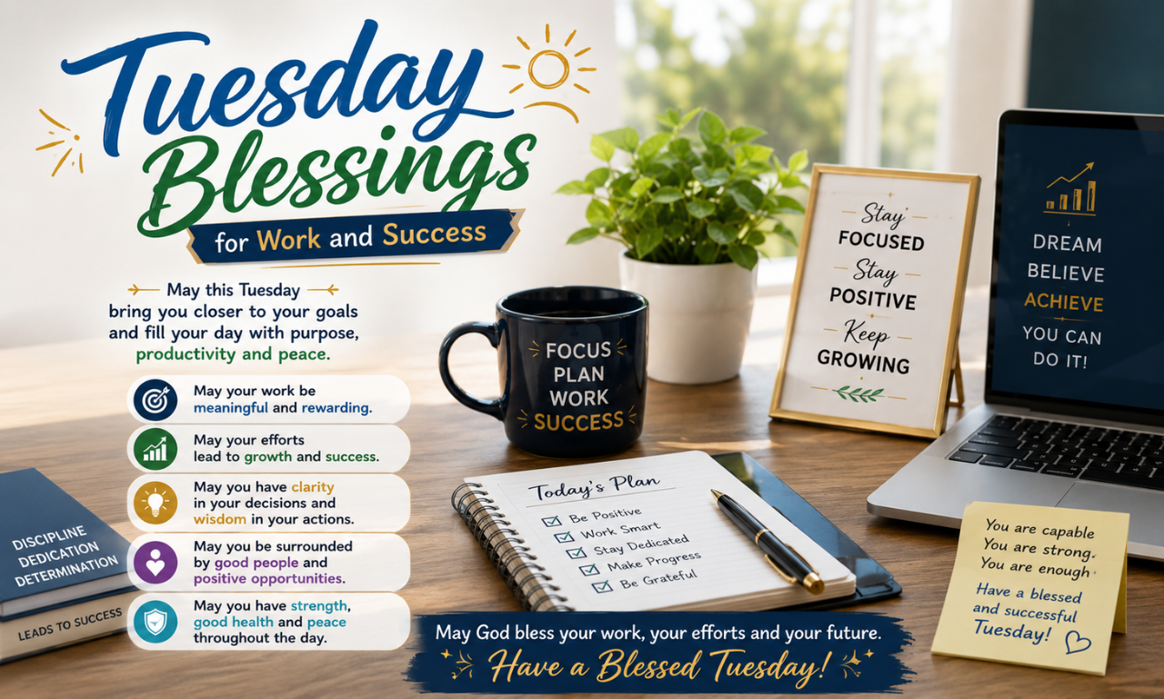 An organized office desk with a laptop, planner, and coffee mug with text overlay reading Tuesday Blessings for Work and Success.