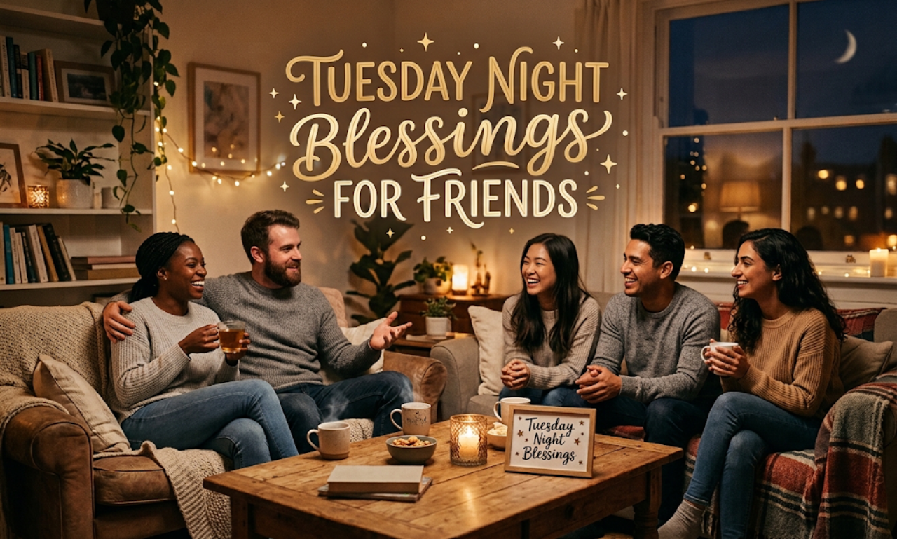 uesday Night Blessings For Friends text overlay on a group of friends sharing hot drinks in a warm living room.