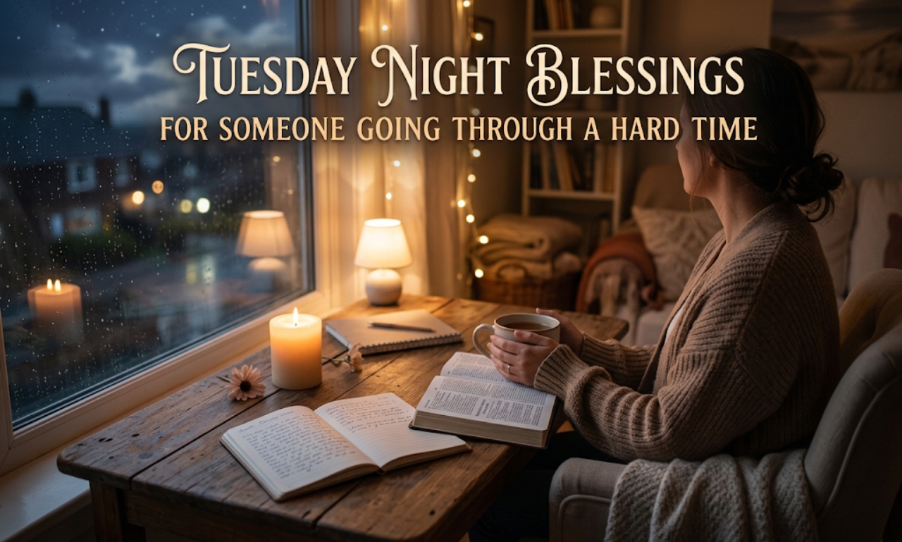 Tuesday Night Blessings for Someone Going Through a Hard Time text overlay on a cozy, reflective night scene.