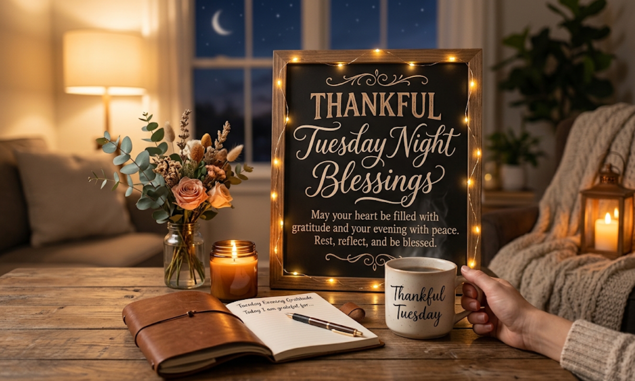A illuminated framed sign surrounded by warm fairy lights on a wooden table next to a gratitude journal and a mug labeled Thankful Tuesday.