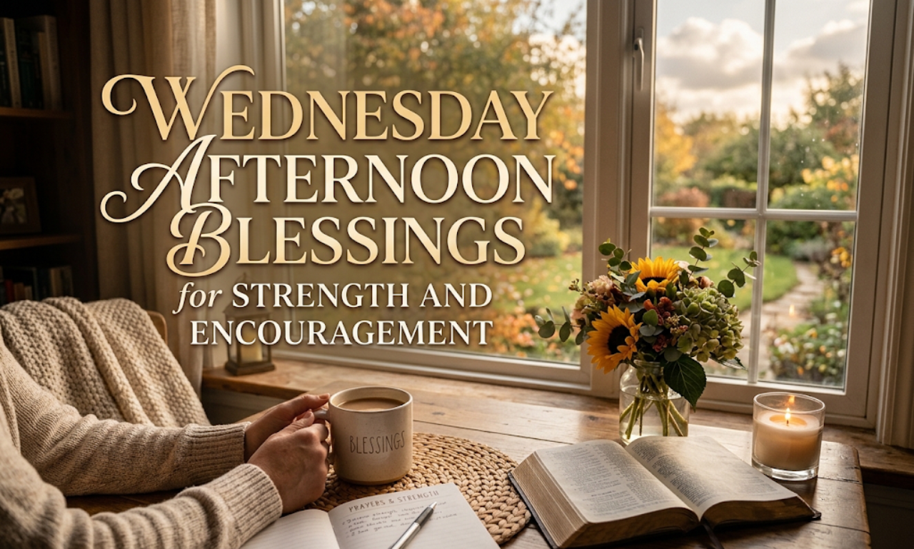 Cozy tabletop setup with an open Bible, warm coffee, and sunflowers by a sunny window, featuring text that reads "Wednesday Afternoon Blessings for Strength and Encouragement."