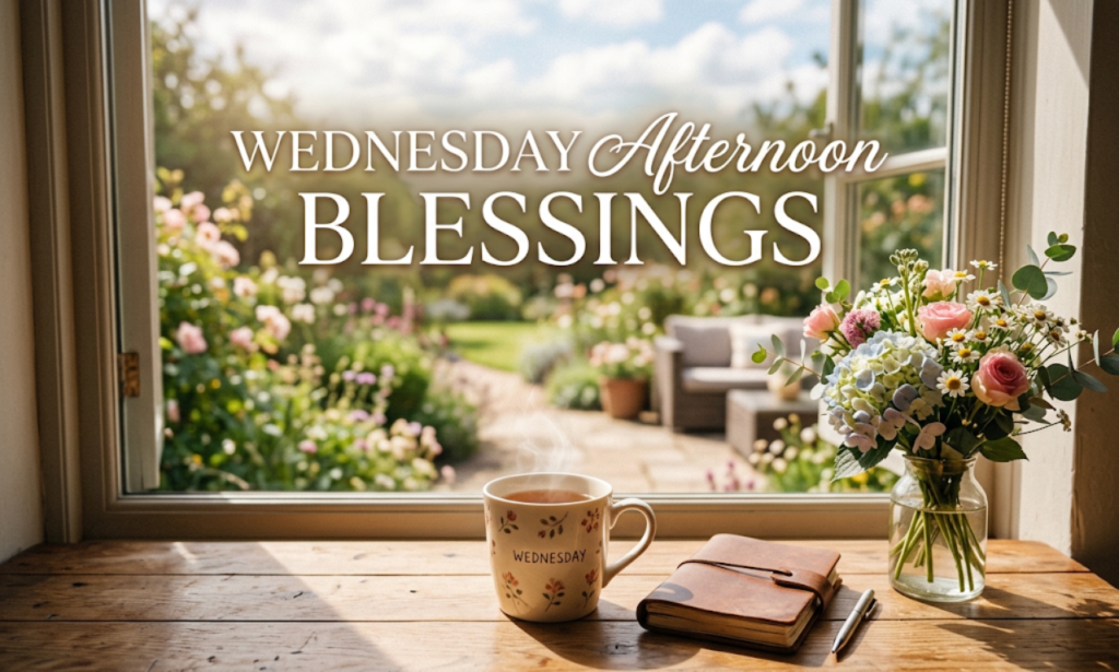 Soft sunlight streams through an open window onto a cozy wooden desk with a steaming coffee cup, journal, fresh flowers, and the text Wednesday Afternoon Blessings.