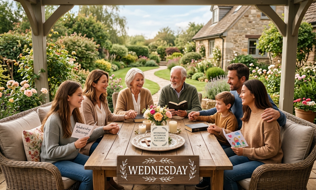 "A happy family gathered together outdoors for Wednesday afternoon blessings and quality time in a garden patio."