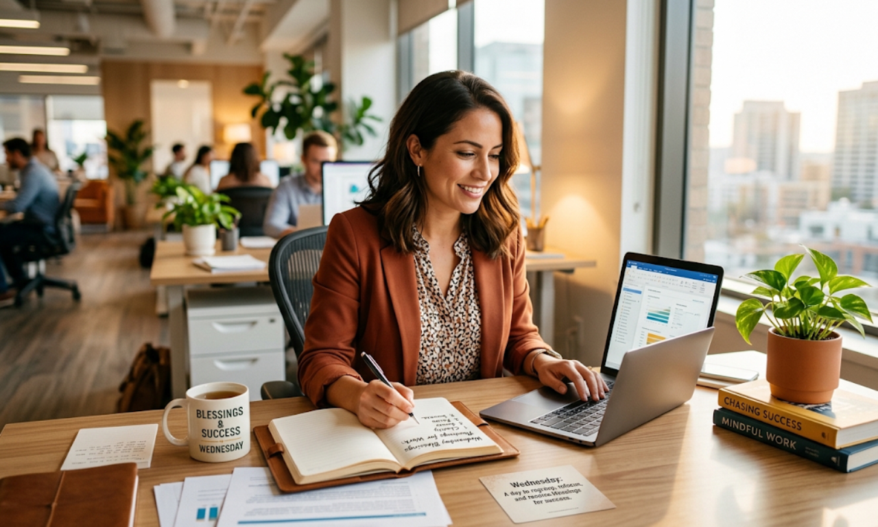 A professional woman smiling at her desk in a modern office, typing on a laptop with a mug, notebook, and plants nearby during a bright afternoon.