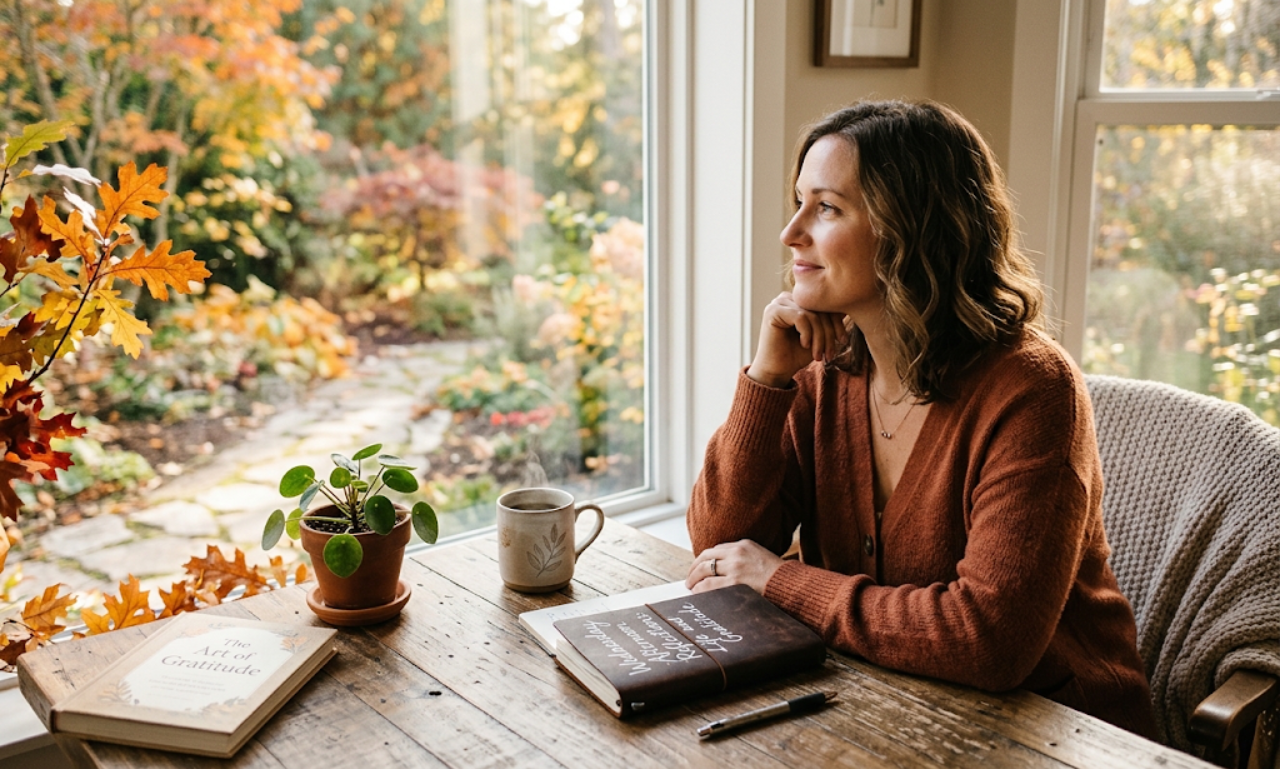 Woman reflecting by a window with coffee and a journal for Wednesday Afternoon Reflections About Life and Gratitude.