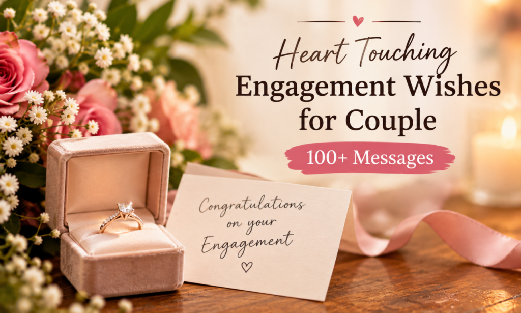 Heart touching engagement wishes for couple with engagement ring and roses