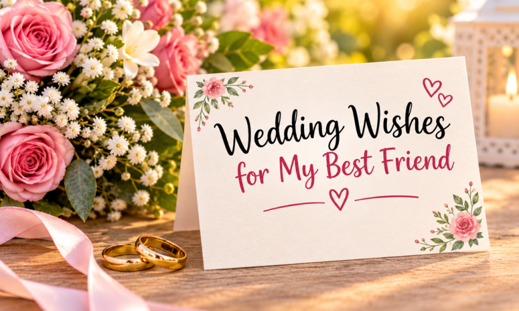 Wedding wishes for best friend greeting card with flowers and wedding rings