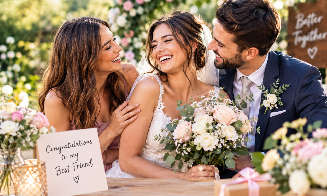 Best friend celebrating with bride and groom at a wedding