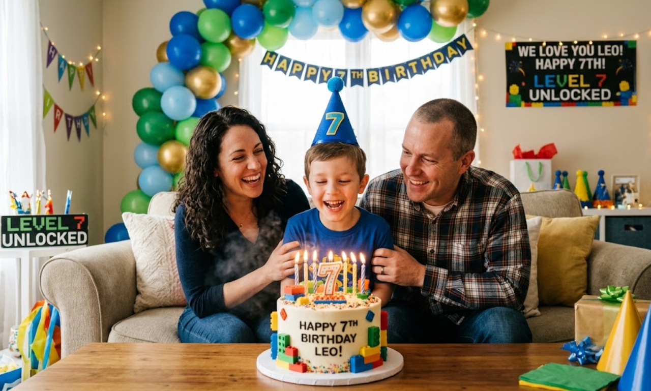 7th birthday wishes for a son from mom and dad - happy boy blowing out candles on birthday cake with parents