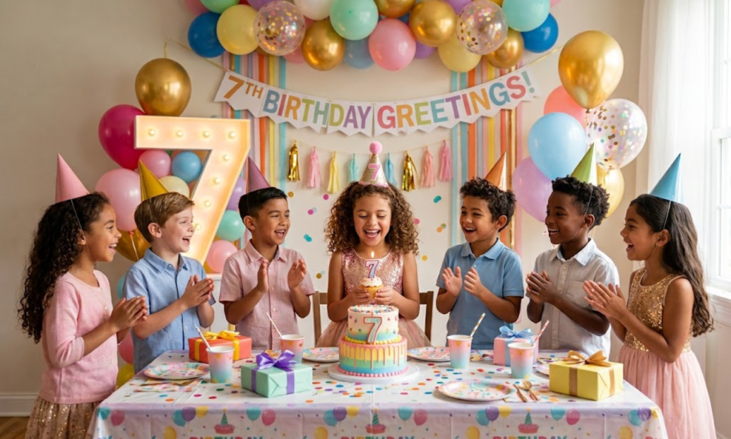 Children gathered around a decorated party table celebrating a kid's 7th birthday greetings with cake and balloons.