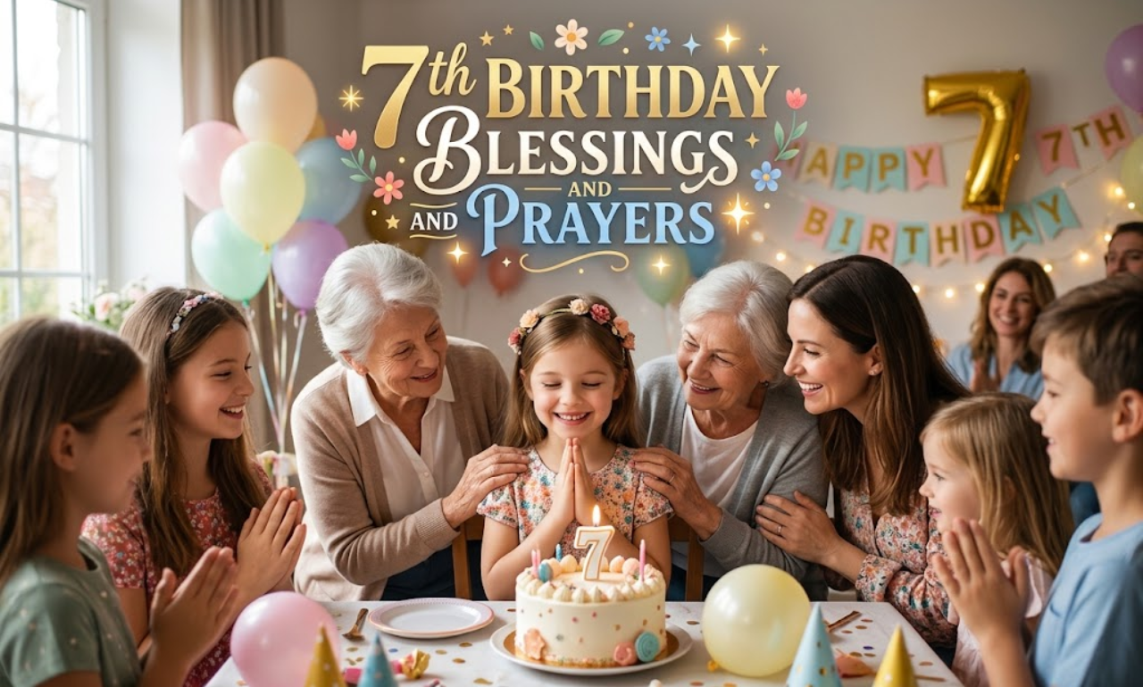 A family gathered around a 7th birthday cake with a number 7 candle, praying together, featuring text overlay reading 7th Birthday Blessings and Prayers