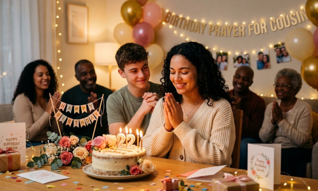 Birthday prayers for a cousin banner over family celebrating with a birthday cake and folded hands
