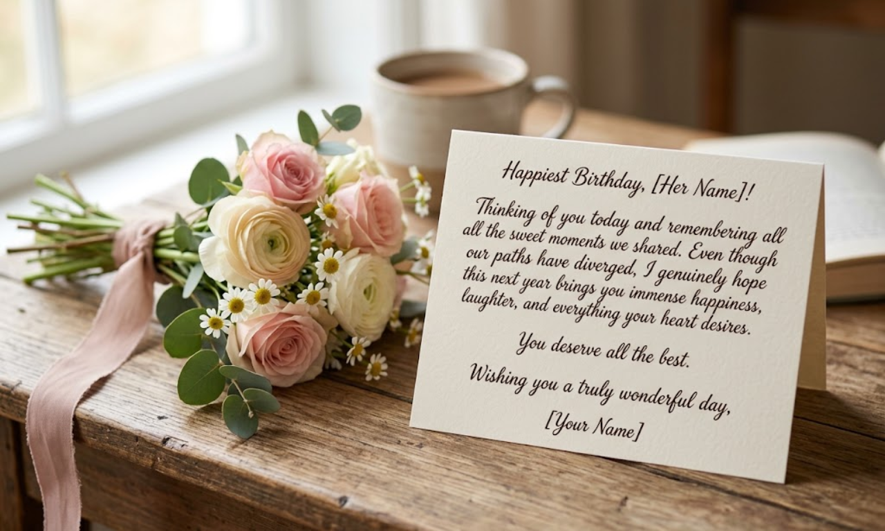 Birthday card with floral bouquet and sweet birthday wishes message for an ex girlfriend on a wooden table