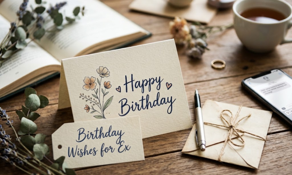A hand-crafted Happy Birthday card with floral details and a Birthday Wishes for Ex tag on a rustic wooden desk with dried lavender, a pen, an envelope, and a cup of tea