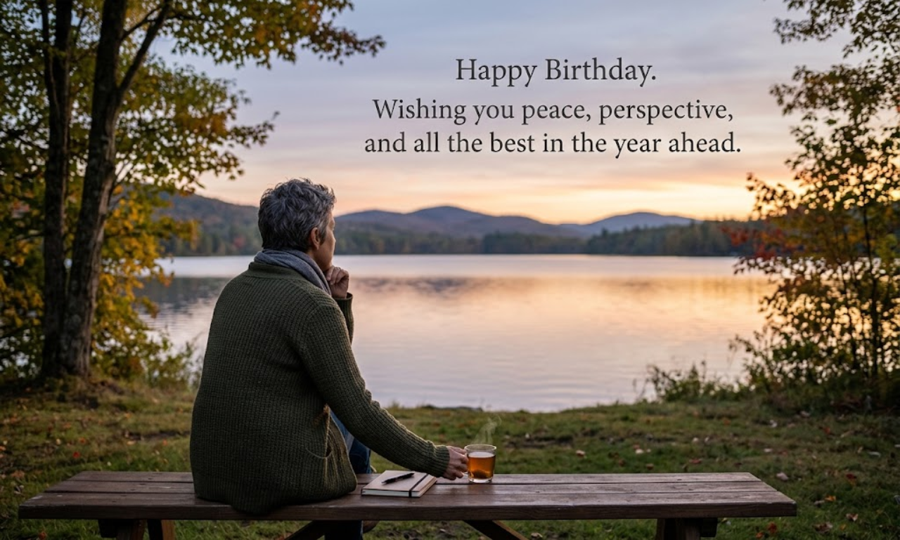 A person seen from behind sitting on a wooden bench by a calm lake at sunset during autumn, holding a steaming mug next to a journal. The sky displays warm evening hues, and the text centered above reads: "Happy Birthday. Wishing you peace, perspective, and all the best in the year ahead."